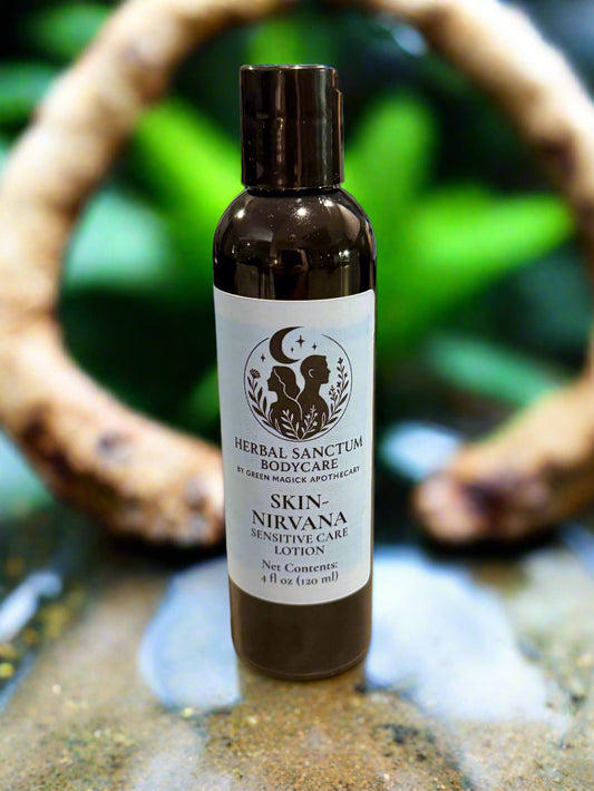Bottle of Skin Nirvana sensitive care lotion on a beige surface