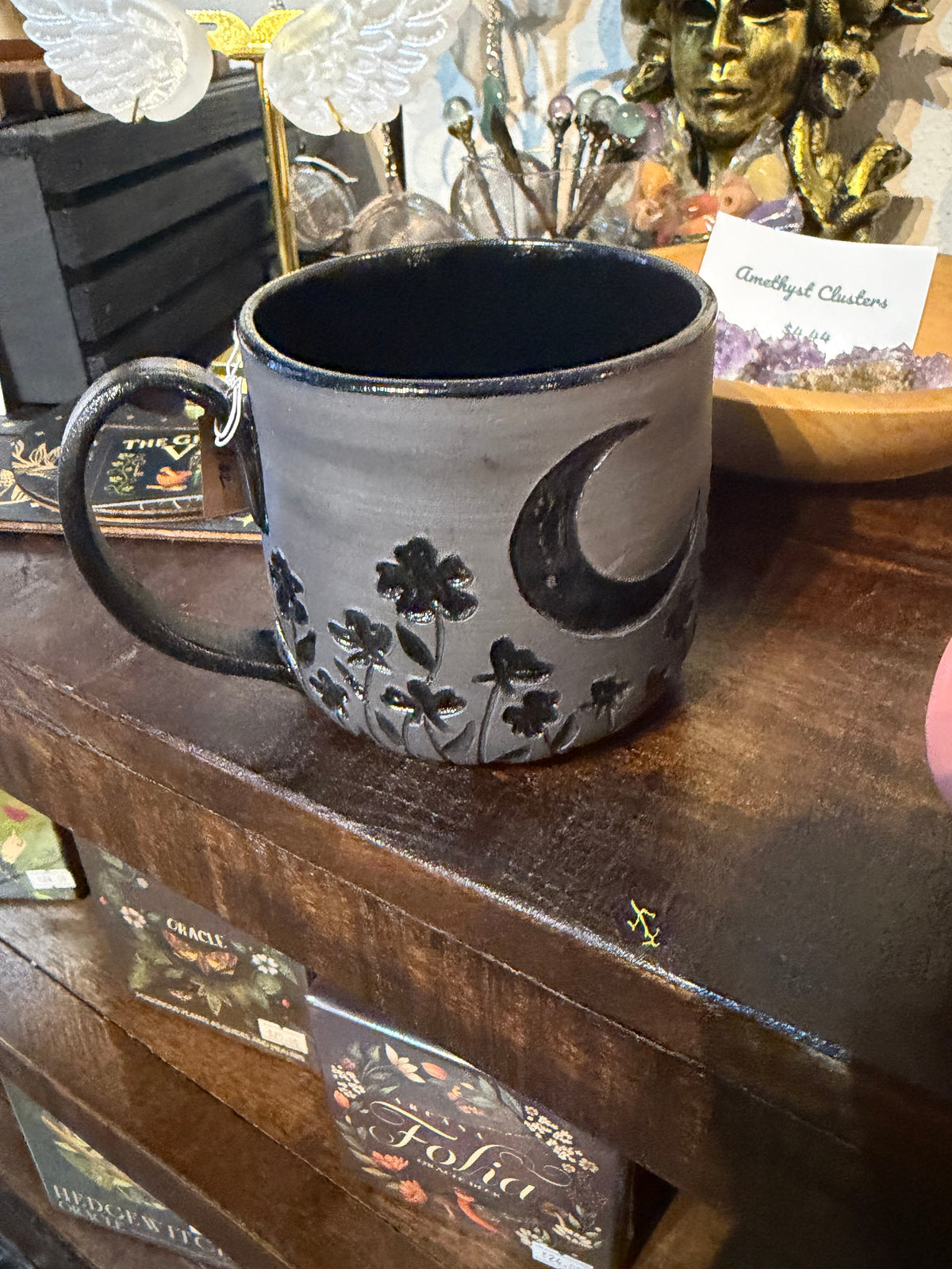 Kelly Gilleran Art black floral ceramic mug with crescent moon